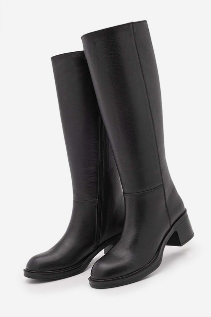 Women's Genuine Leather Zipper-Front Chunky-Heeled Casual Boots - Given Black