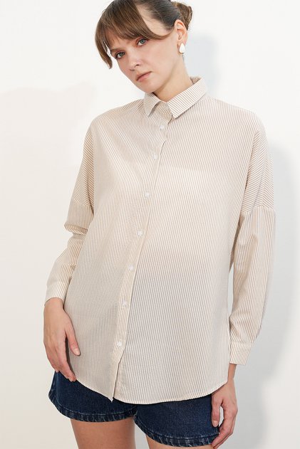 3900 Oversize Çizgili Gömlek - Y.bej