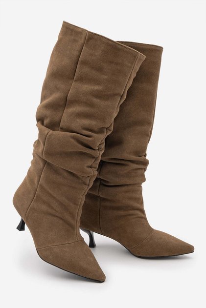 Women's Pointed Toe Gathered Suede Look Thin Heeled Casual Boots Heslin Tobacco Brown Suede