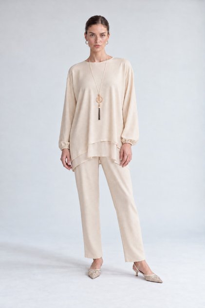 Asymmetrical-Cut Chiffon Tunic Set, Beige