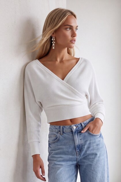Women's Ecru Front-and-Back V-Neck Double-Breasted wrap blouse ALC-019-053-BLZ