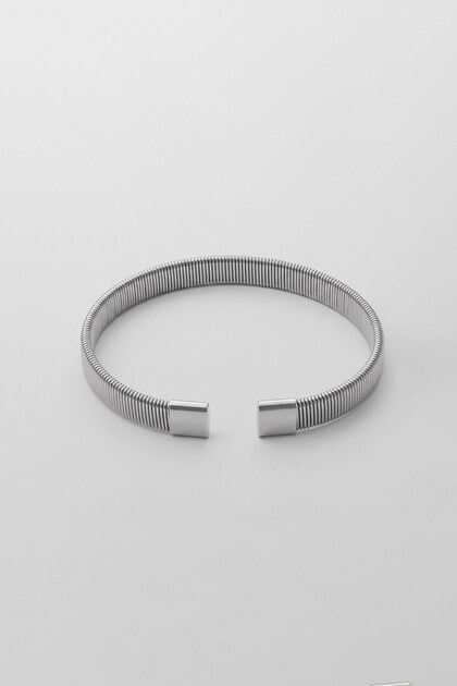 Men's Spiral Textured Steel Handcuff Bracelet Silver