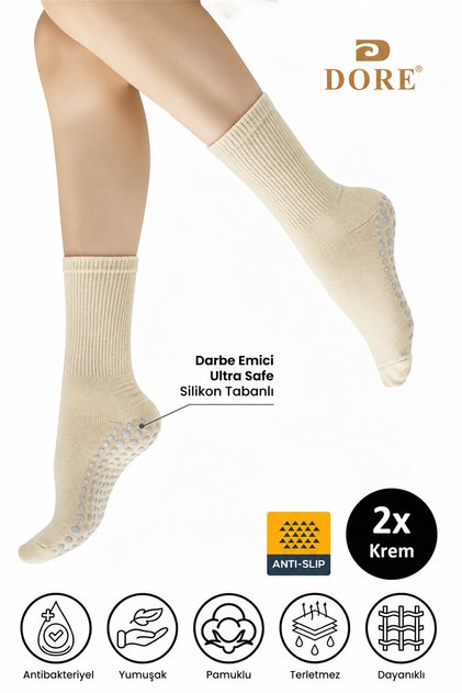 Orijinal Unisex 2 Çift Kaydırmaz Hac Umre Tavaf İçin Soket Model Çorap Sıkmayan Esnek Bilekli Kaydırmaz Tabanlı Uzun Yürüyüş Konforu Pamuklu Nefes Alan Yumuşak Dokulu Kaymaz Taban Çorap - Krem