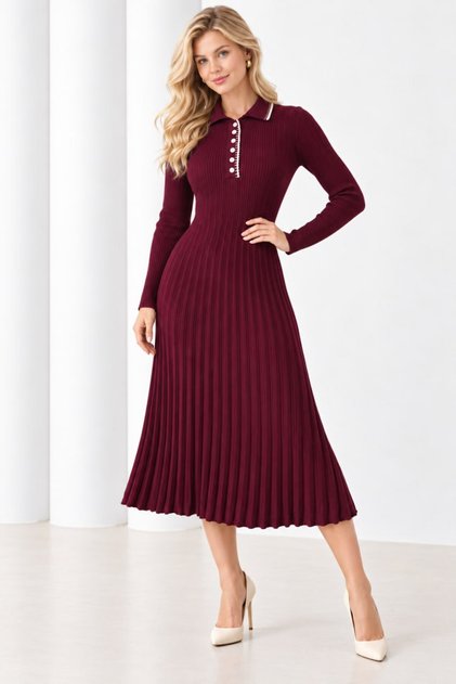 Women's Polo Collar Button Detail Ribbed Knit Long Knit Dress