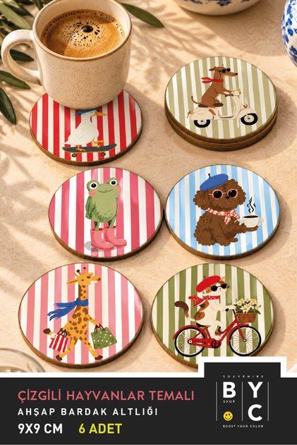 Set of 6 Coasters with a "Striped Animals" Theme. 9 cm, 3 mm MDF, UV Printing, Decorative Coasters