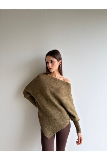 Asymmetrical Cut Boat Neck Ribbed Stylish Sweater