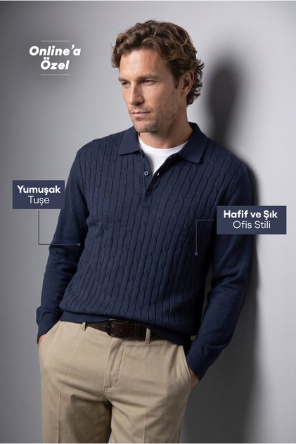 Polo Collar, Regular Fit, Cotton, Braided Pattern, Soft-Textured Knit Sweater
