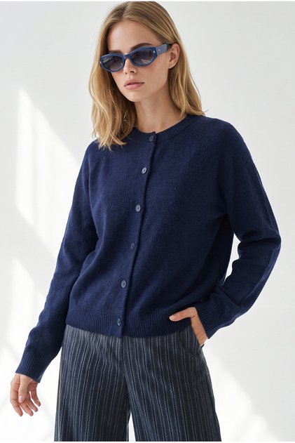 Women's Navy Blue Crew Neck Button-Front Knit Cardigan HRK-19000528