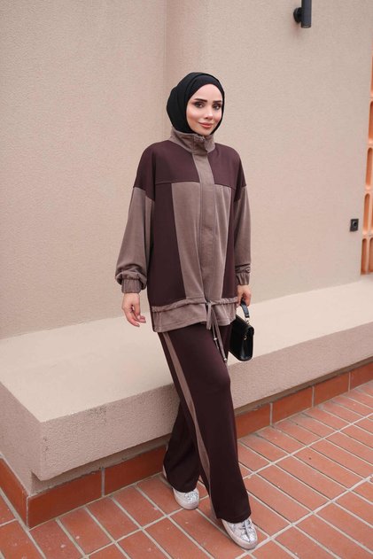 Brown Color Blocked Modal Tunic and Pants Set with Zipper