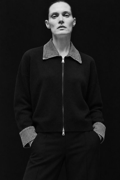 DENIM-TRIMMED KNITTED CARDIGAN