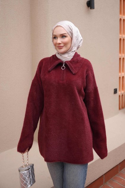 Burgundy-Collar Zipper-Front Soft Angora Knit Sweater