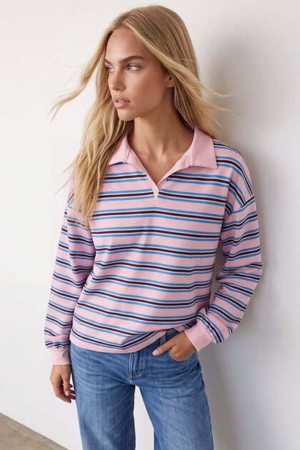 Women's pink polo collar striped oversized sweatshirt alc-x16051