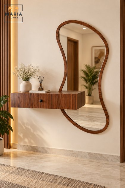 طاولة مكياج عصرية مثبتة على الحائط مع مرآة ذات تصميم غير منتظم، طاولة مكياج عائمة بتصميم يشبه خشب الجوز مع درج تخزين، مناسبة لغرفة النوم وغرفة المكياج، مقاس المرآة 120 × 60 سم، مقاس الطاولة 80 × 25 × 60 سم.