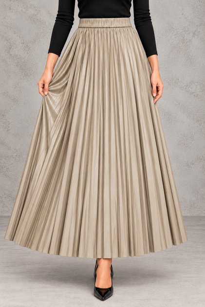 Women's Standard Size Leather-Look Pleated Long Skirt with Elastic Waistband