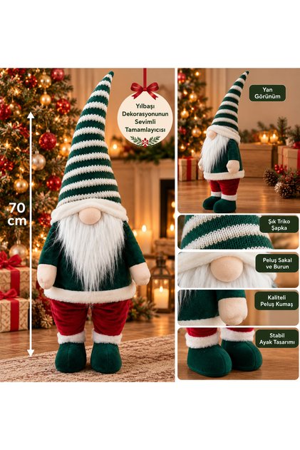 70 cm Yılbaşı Cüce Figürü Dekoratif Noel Gnome Biblo Yeşil Kırmızı Peluş Yılbaşı Süsü