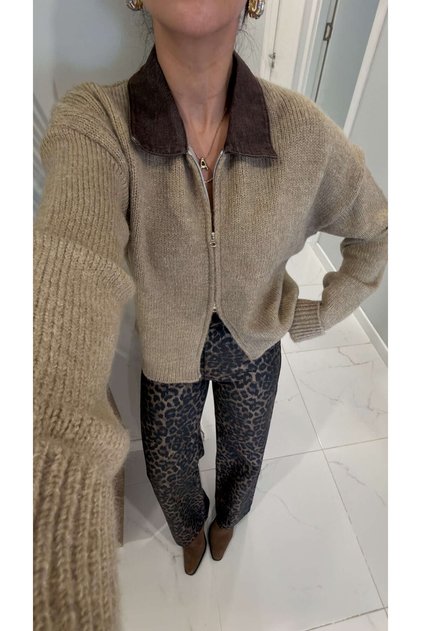 Jolie Beige Denim-Collar Cardigan
