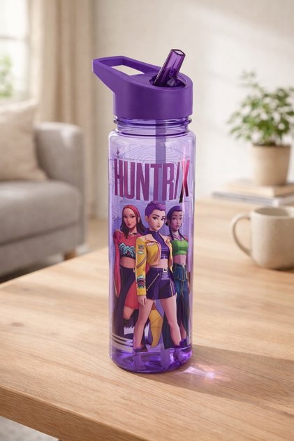 Sticlă pentru apă cu capac flip top, pentru școală și ieșiri, plastic transparent și mov, K-POP