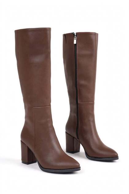 Women's Brown Below the Knee Thick Heeled Zippered Casual Boots - Comfortable Winter Pointed Toe Block Heel