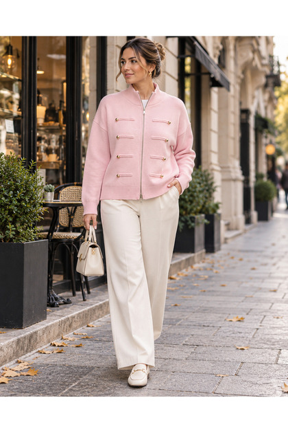 Plus Size Zippered Knitwear Cardigan with Button Accessories Pink