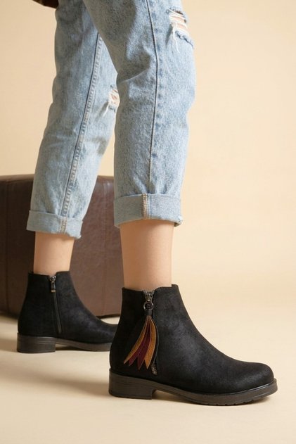 ZRİN-205 Premium Waterproof Black Suede Women's Boots with Leaf Pattern and Zipper