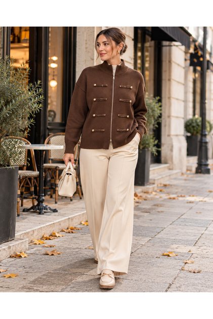Plus Size Zippered Knitwear Cardigan with Button Accessories Brown
