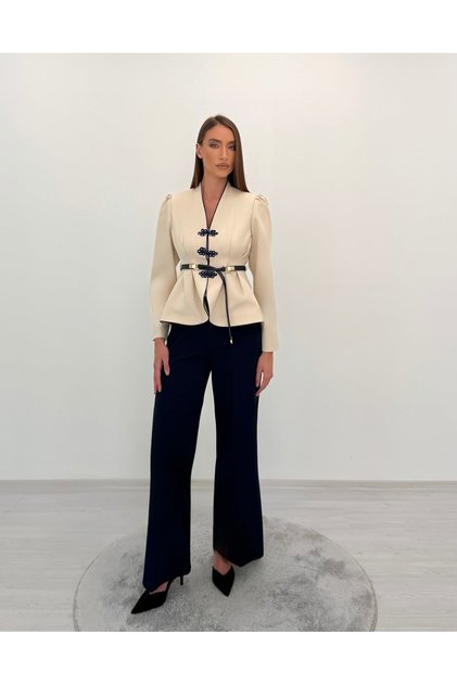 Avelina Belted Blazer with Belt Detail and Contrast Trimming, Paired with Pants—Cream and Navy Suit