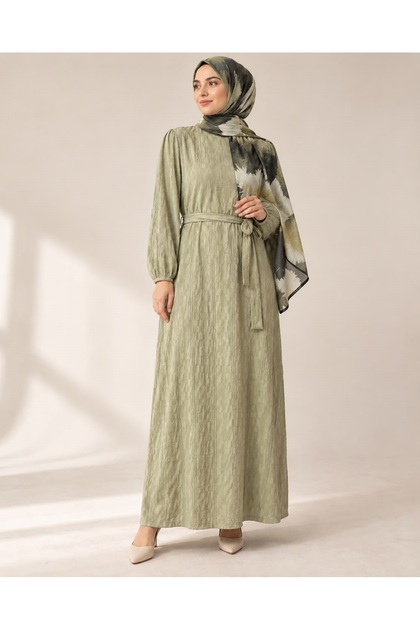 Women's Belted Textured Hijab Dress – Long Sleeve Casual Dress