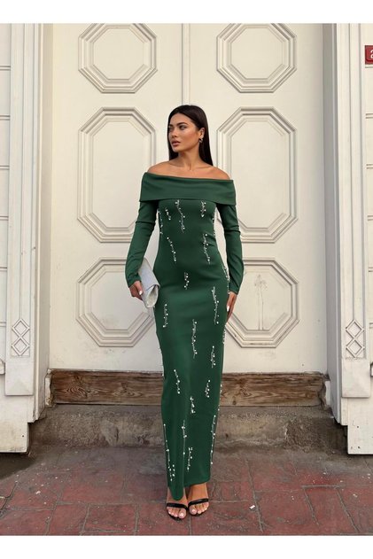 Rochie cu mâneci lungi din țesătură scuba, cu decolteu fără bretele, cu detalii în piatră, smarald 583350