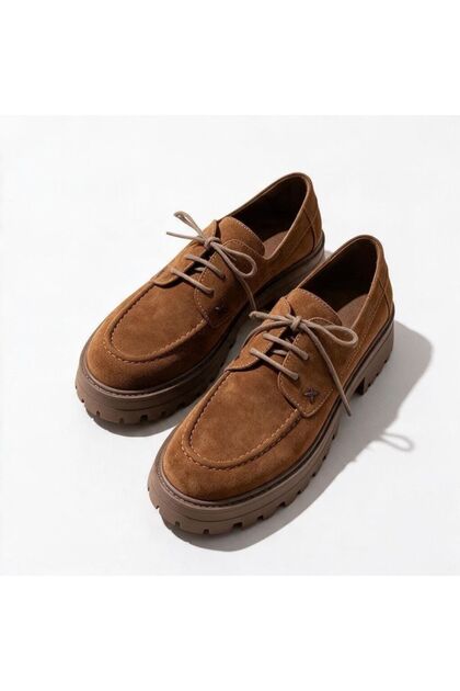 Tan Suede Genuine Leather Lace-Up Thick Soled Women's Casual Shoes