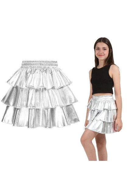 Girls' Elastic-Waist Metallic Shimmering 3-Layer Ruffled Skirt — Silver