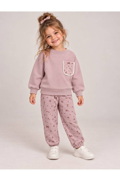 Simit Collar Pocket Detailed Floral Printed Sweatshirt/Elastic Cuffed Sweatpants 3 Threaded Drawstring Set