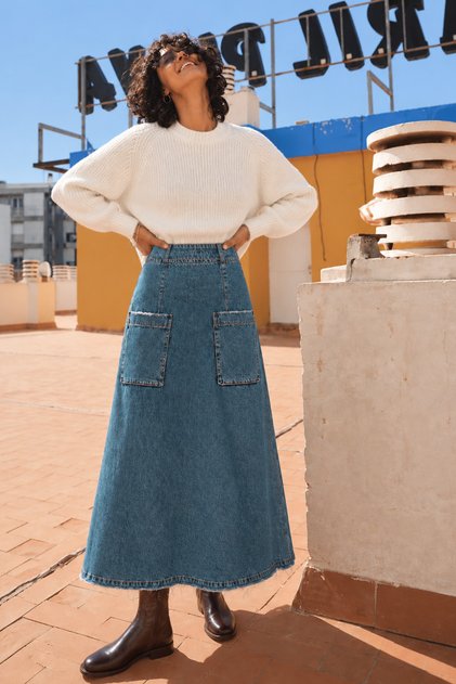 Long Denim Skirt, Blue Denim Skirt, Women's Denim Skirt, Denim Skirt with Pockets