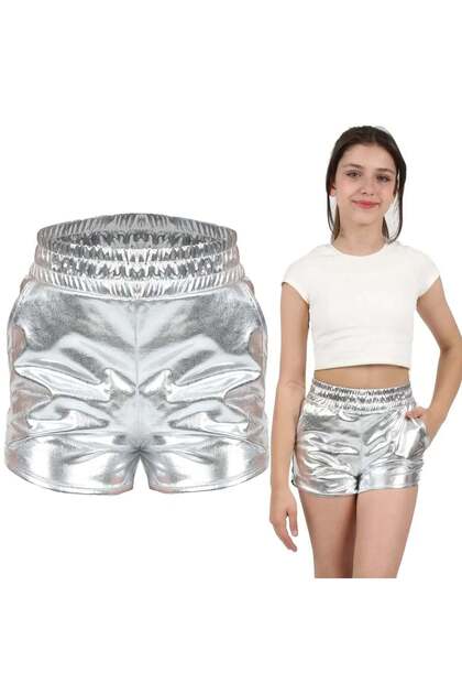 Girls' Metallic, Shiny, Sparkly Running, Walking, Dancing, Sports, Athletic, Cheerleading Shorts — Silver