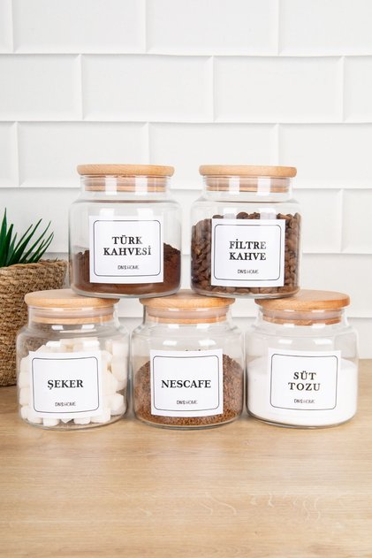 5-Piece Wooden Vacuum Lid Labeled Coffee Corner Set Storage Container Glass Jar Set 500 ml