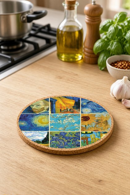 Van Gogh Temalı Mantar Nihale Tencere Tava Altlığı 19cm Çapında 1cm Kalınlığında