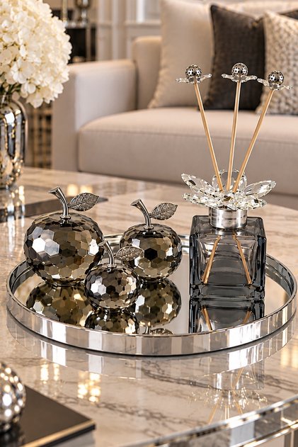 Dekoratif Modern Gümüş Tepsi 3lü Füme Kristal Elma Seti ve Koku Şişesi Seti Ev Süs Eşyası