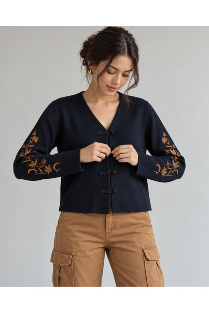 Navy Blue Embroidered Buttoned Jacket Cardigan
