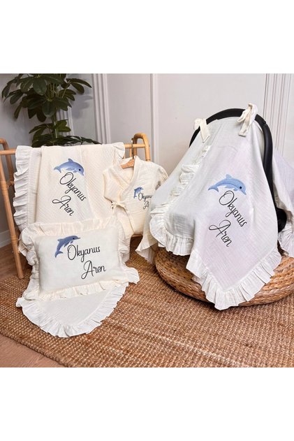 Muslin Ecru Set – Pillow, Blanket, Stroller Cover, and Double-Breasted Jumpsuit