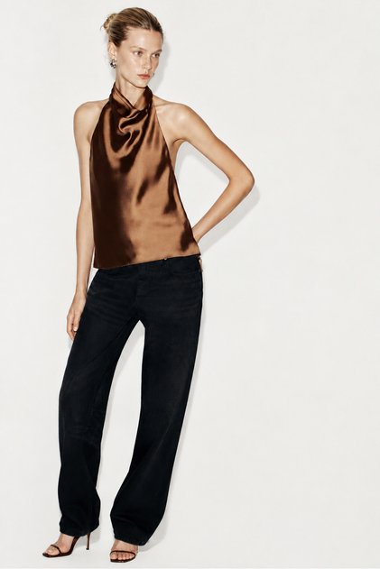 Brown Halter Neck Satin Woven Blouse