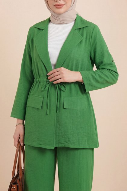 Linen Look Suit with Hooded Tunnel Bridge Jacket - Green