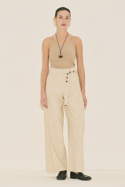 Wide Pleated Detail Ke Belt Pants Beige