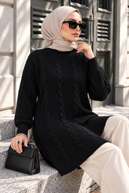 Knitted Detailed Black Hijab Sweater 60051S