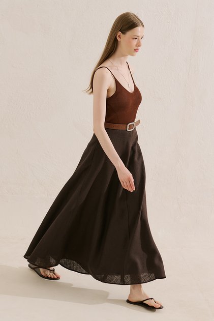 Linen Flawed Skirt Acikahve