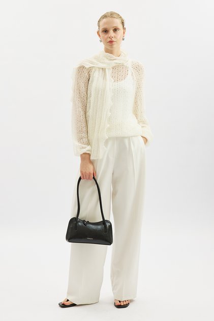 Lace-Like Knit Sweater with Binding Collar Ecru