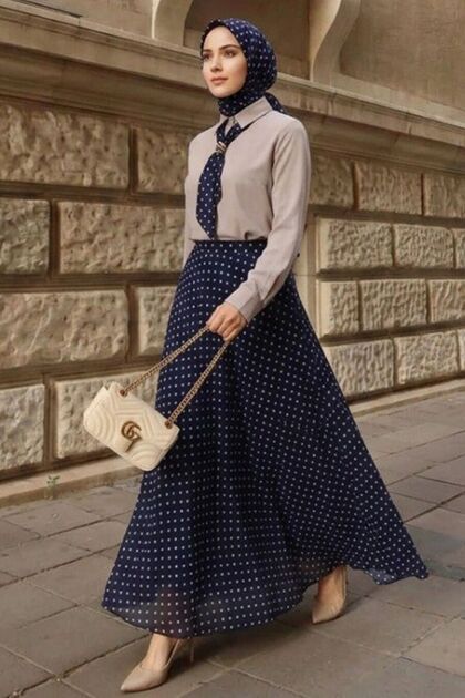 Polka Dot Skirted Shirt Navy Blue Hijab Double Set 1386L