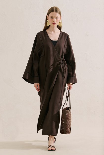 Linen Design Tie-Up Kimono Dark Brown