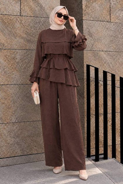 Layered Ruffle Detailed Belted Tulle Modal Dark Brown Hijab Set 31021Kkh