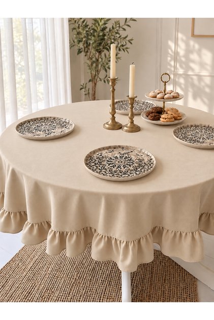 Pearl Velvet Textured Seamless Light Beige - Vanilla Ruffled Round Tablecloth