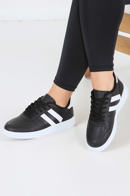 Women's Black and White Striped Faux Leather Sneakers - 27888-Black-White