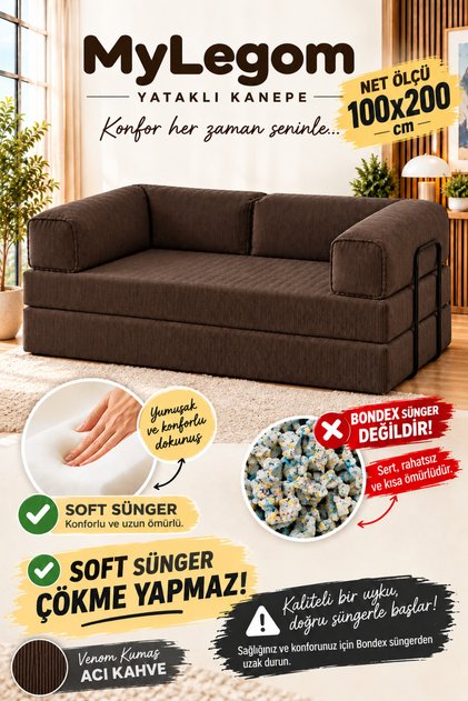 MyLegom 100x200 Açılabilir Yataklı Kanepe, Fitilli Kadife Katlanır Dinlenme Koltuğu, Yıkanabilir Venom Kumaşlı - Acı Kahve
